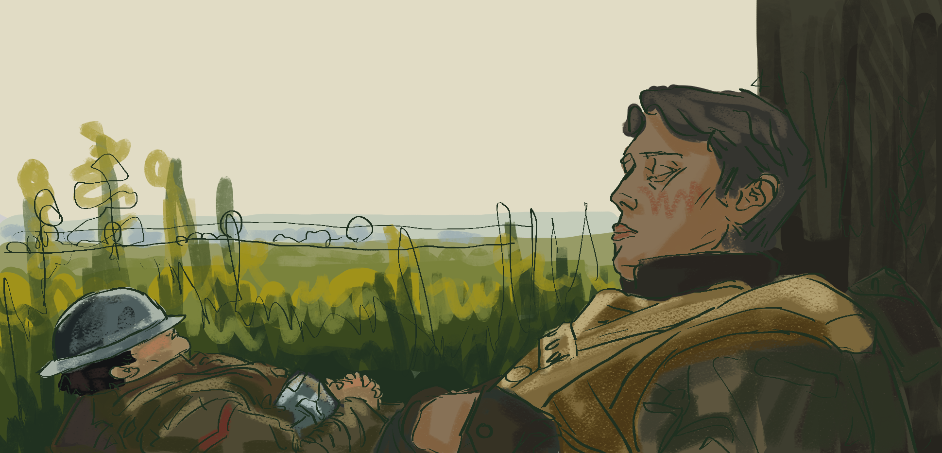 Screenshot redraw of the very first scene in 1917. It shows Schofield and Blake resting under a tree in the fields. The weather is calm, the scene is idyllic.