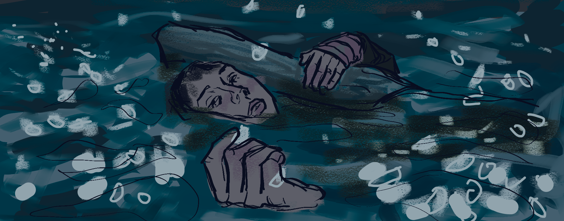 Screenshot redraw of Schofield floating in the river, clinging to the log. His eyes are sad. Cherry blossoms ae falling from the sky. He cradles one between thumb and forefinger.