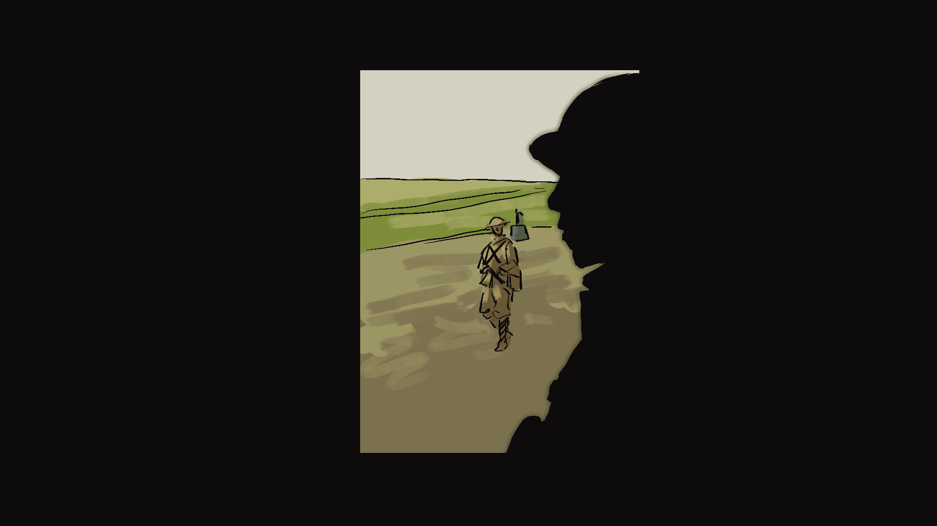 Screenshot redraw of Schofield and Blake at the hut. Schofield's black silhouette is stands in front of a fenster without a glass. Through the window, we see Blake roaming about outside.