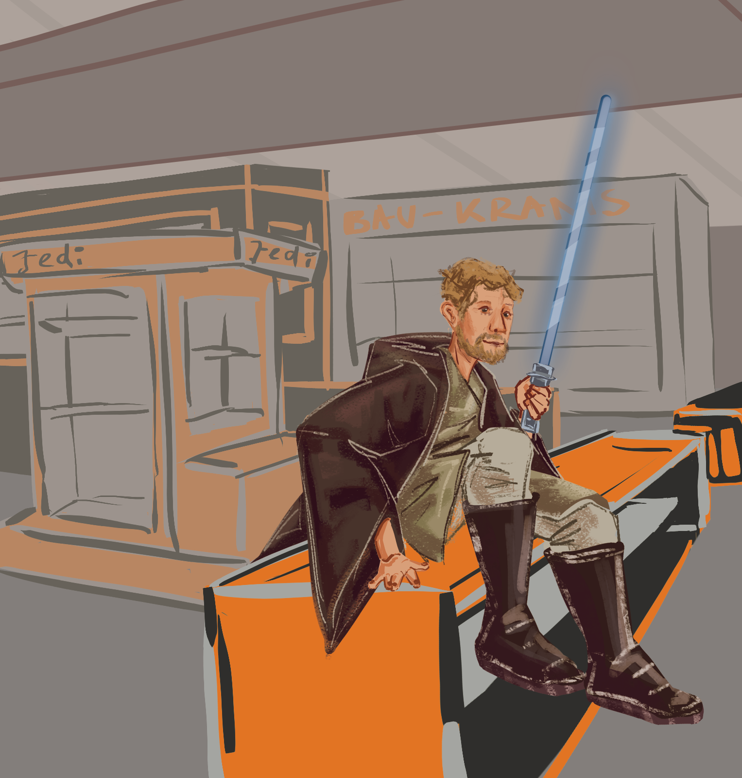 Drawing of Obi-Wan Kenobi in a hardware store. He sits on a shelf.