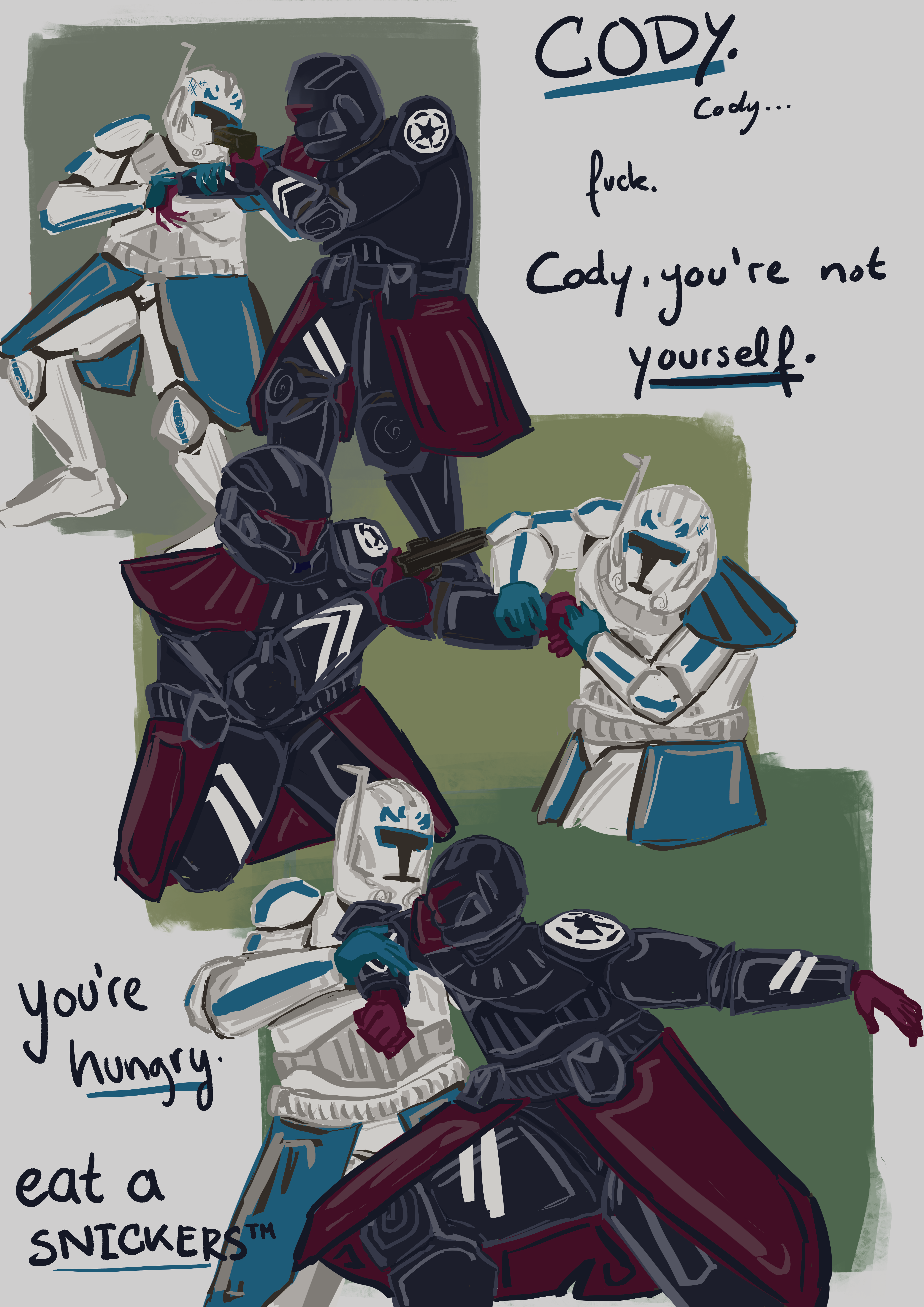 Comic of Rex fighting Evil!Cody in dark armour. Text reads: Cody! Fuck, you're not yourself. You're hungry. Eat a SNICKERS (tm).