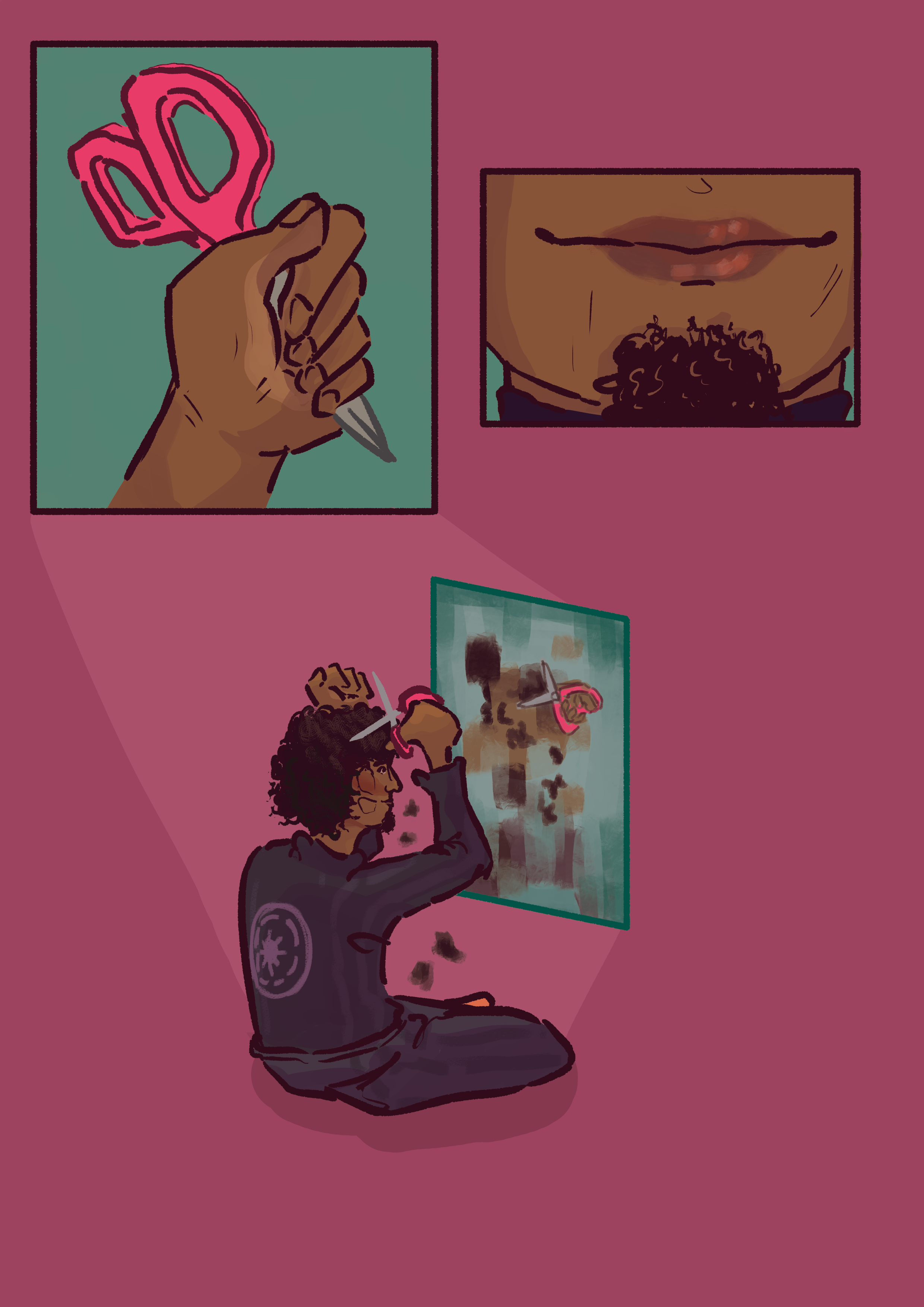The panel comic of clone trooper Waxer cutting his hair. The first panel shows his hand grasping a pair of scissors. The second shows his smile. The third one shows him sitting on the floor giving himself a haircut.